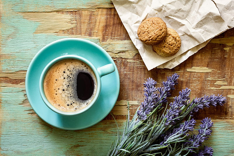 Good Morning , biscuit, cookies, coffee, grpahy, cup, bonito, lavender, sweet, HD wallpaper