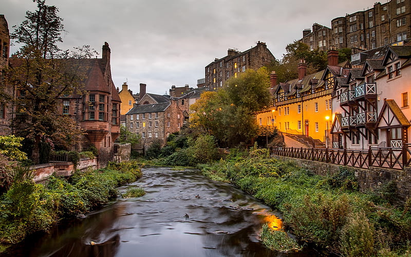 Dean Village, Scotland, Edinburgh, Water of Leith Village, evening, river, UK, HD wallpaper