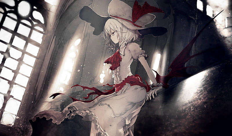 remilia scarlet, touhou, white dress, hat, indoors, red eyes, Anime, HD wallpaper