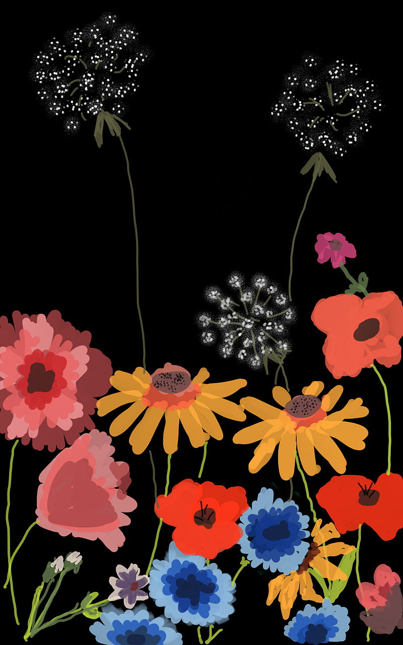 Wildflowers, dark, spring, summer, poppies, HD phone wallpaper