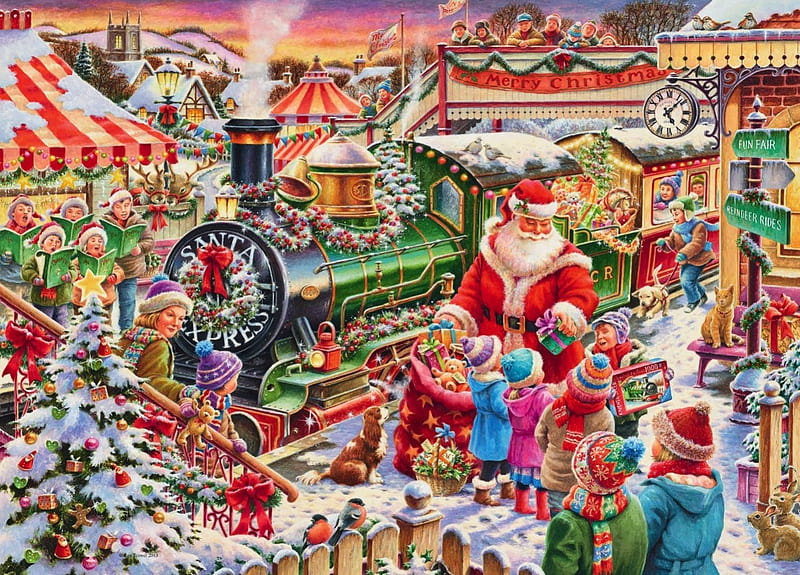 Santa Express, christmas, children, clock, church, express, santa, train, snow, painting, station, presents, HD wallpaper