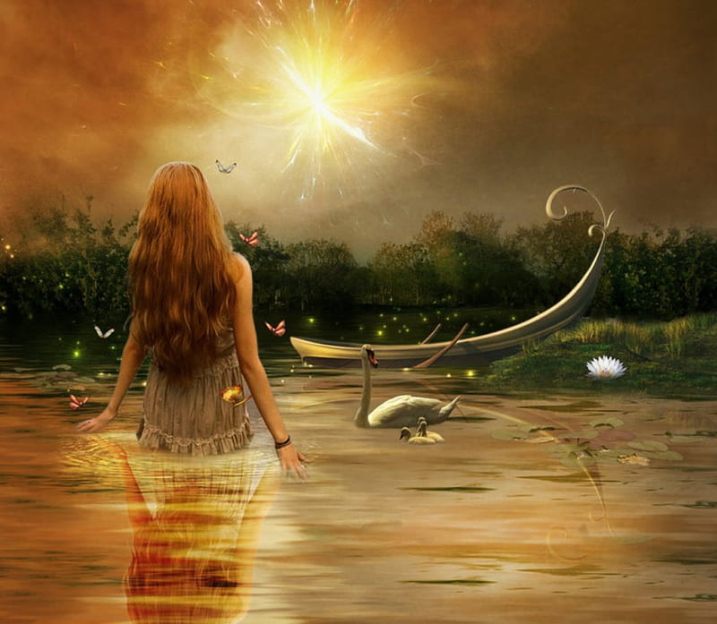 Sunset on the Pond, pond, sunset, fantasy, lady, HD wallpaper | Peakpx