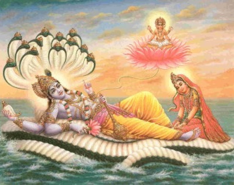 Akshmi Vishnu, religion, snake heads, sea bed, indian, HD wallpaper