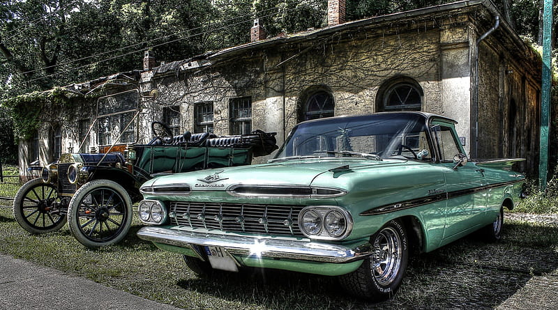 chevy el camino parked next to a vintage car r, carros, house, grass, pick up, r, vintage, HD wallpaper