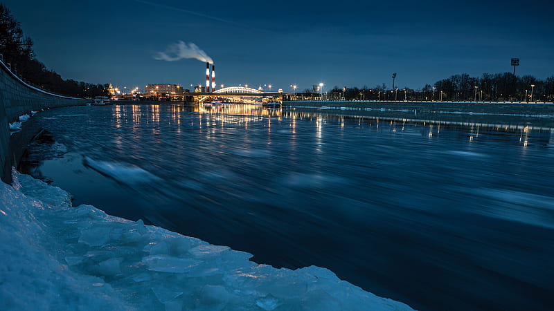 river, night city, lights, ice, frozen, HD wallpaper