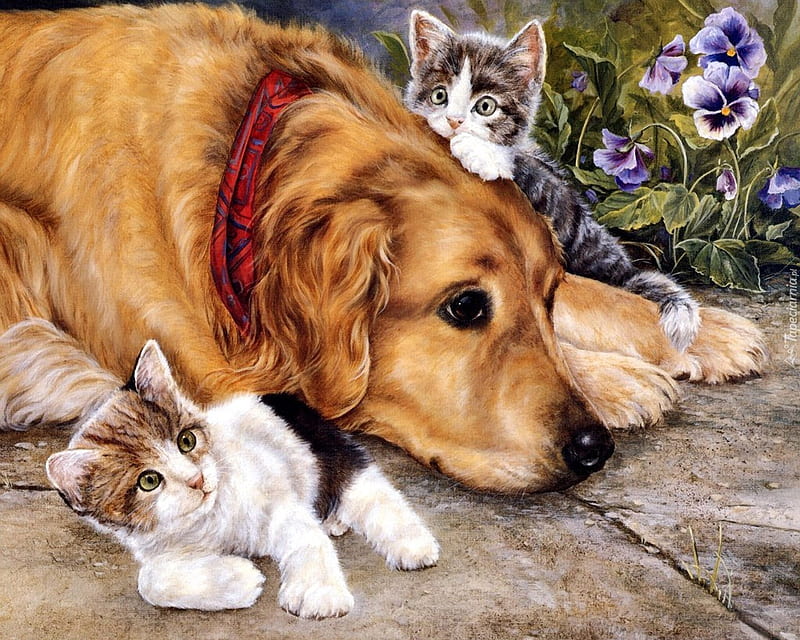 friends, cats, dogs, animals, art, paintings, drawing, HD wallpaper