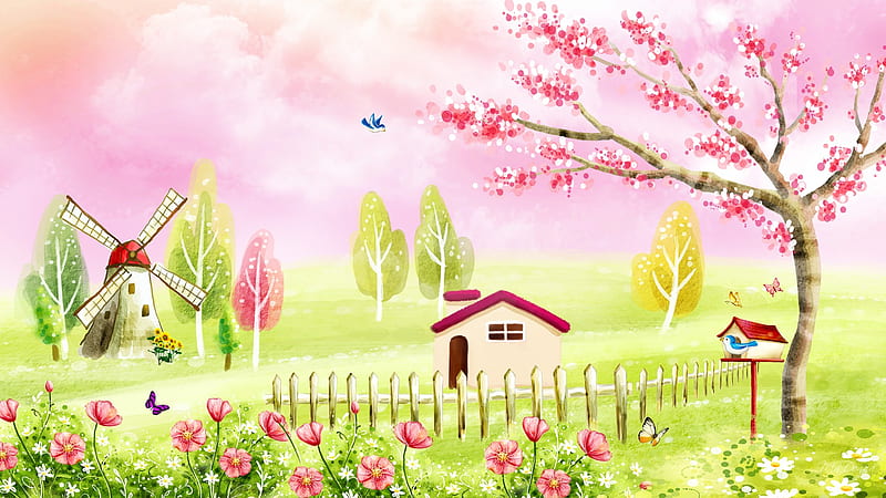 Summer Scene, fence, bird house, windmill, house, birds, firefox persona, butterflies, trees, sky, netherlands, tree, flowering tree, flowers, path, lawn, road, HD wallpaper