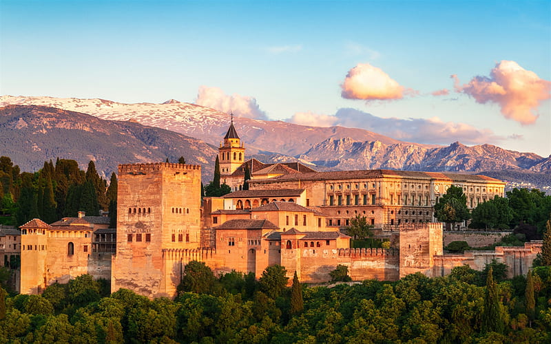 Alhambra, castle, architectural ensemble, sunset, evening, landmark, Granada, Spain, HD wallpaper