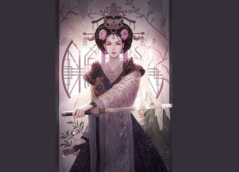 Empress, girl, asian, queen, collage, jin young park, pink, luminos, fantasy, sword, HD wallpaper