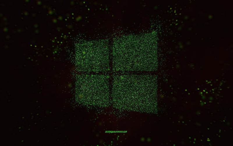 Windows glitter logo, black background, Windows logo, green glitter art, Windows, creative art, Windows green glitter logo, Windows 10 logo, HD wallpaper