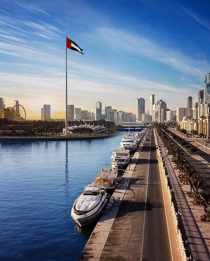 Sharjah Corniche, boats, corniche, flag, lake, sharjah, uae, HD phone wallpaper
