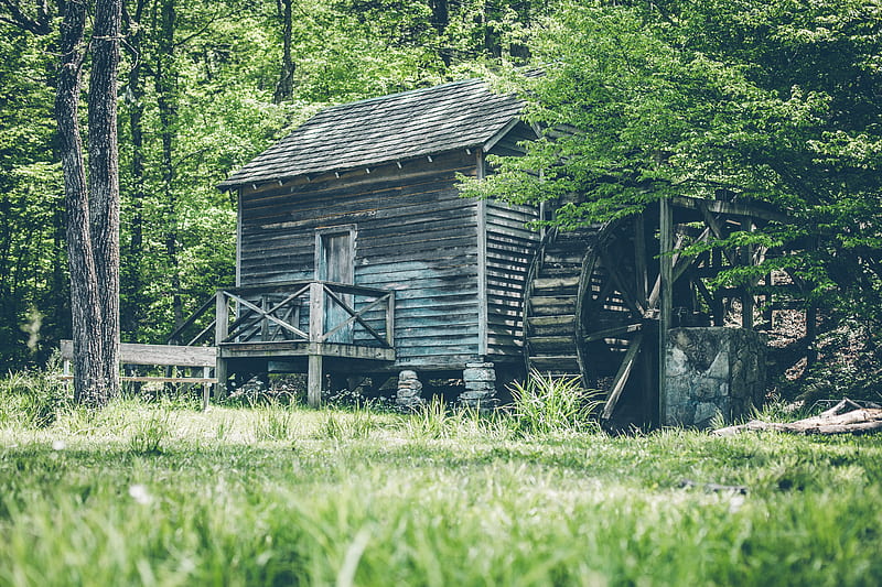 gray wooden shed with watermill, HD wallpaper