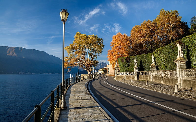 Promenade in Italy, trees, road, promenade, sculptures, Italy, lake, HD wallpaper
