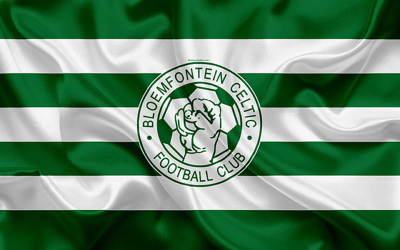 Bloemfontein Celtic FC logo, green white silk flag, South African football club, emblem, Premier League, Bloemfontein, South Africa, football, silk texture, HD wallpaper