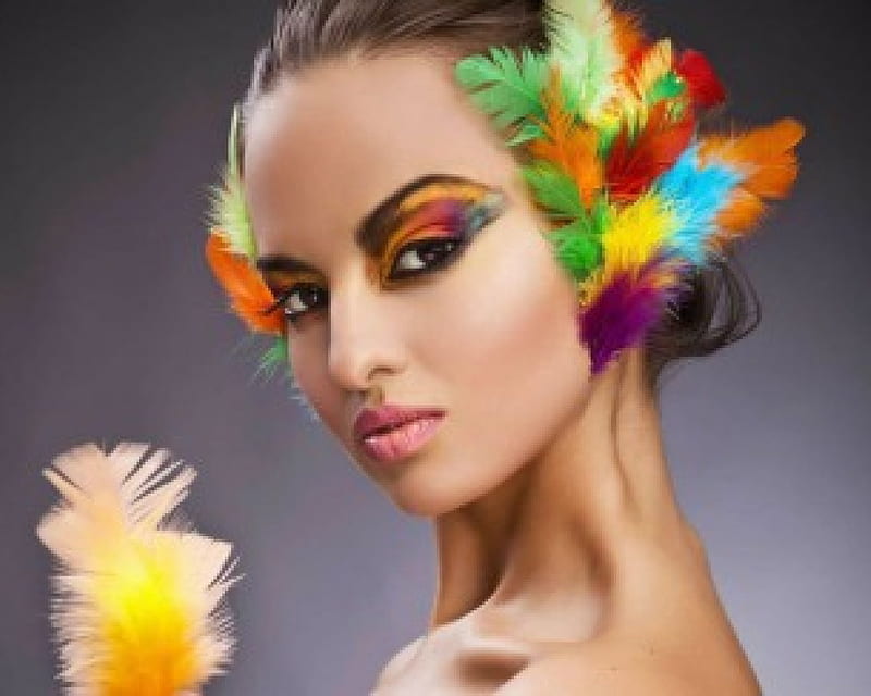 Beauty in Colorful Feathers, face, model, woman, feathers, HD wallpaper