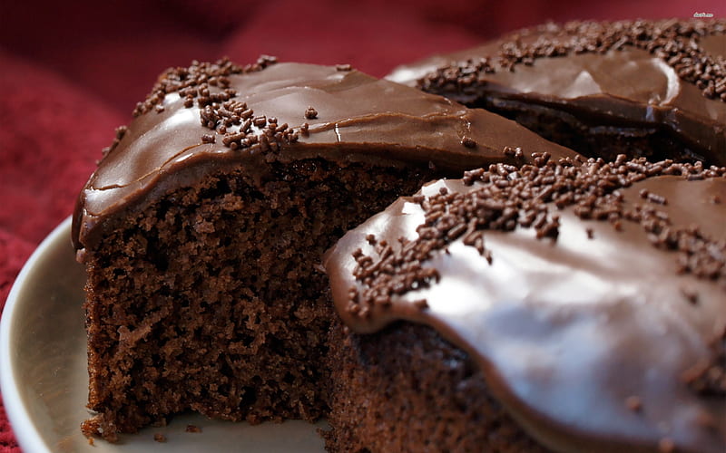 chocolate cake, cake, plate, icing, chocolate, HD wallpaper