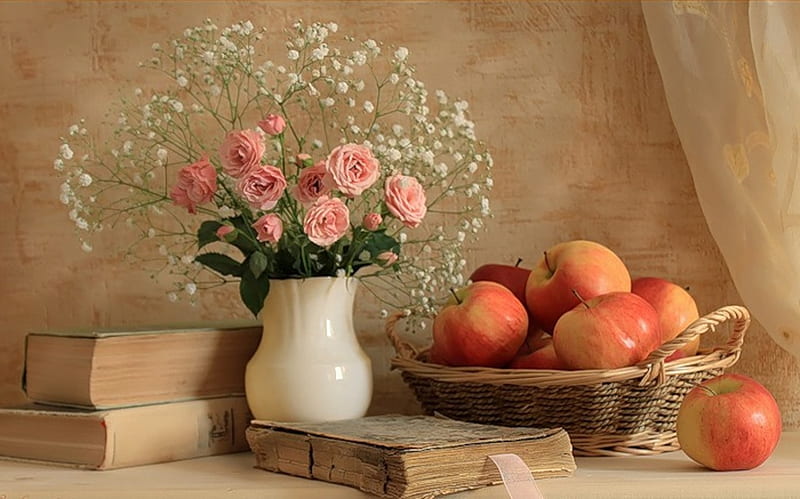 still life, pretty, rose, books, book, vase, bonito, old, fruit, graphy, nice, gentle, flowers, beauty, pink, harmony, apple lovely, roses, elegantly, cool, bouquet, flower, HD wallpaper