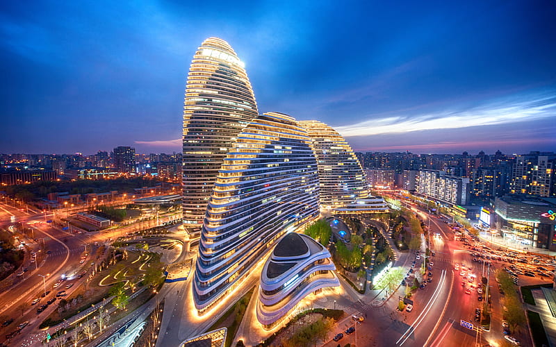 Wangjing SOHO nightscapes, modern buildings, Beijing, Asia, China, HD wallpaper
