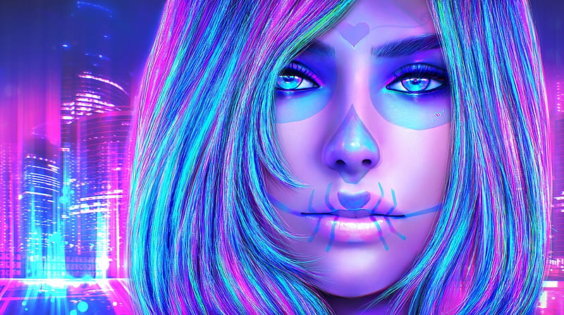 :-), sugar skull, fantasy, luminos, dia de los muertos, magicnaanavi, face, pink, blue, HD wallpaper