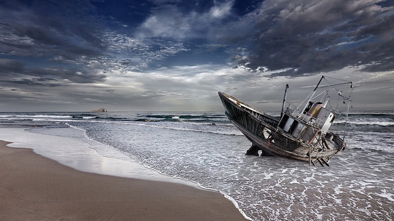 ship wreck on a beach, wreck, beach, ship, clouds, sea, HD wallpaper