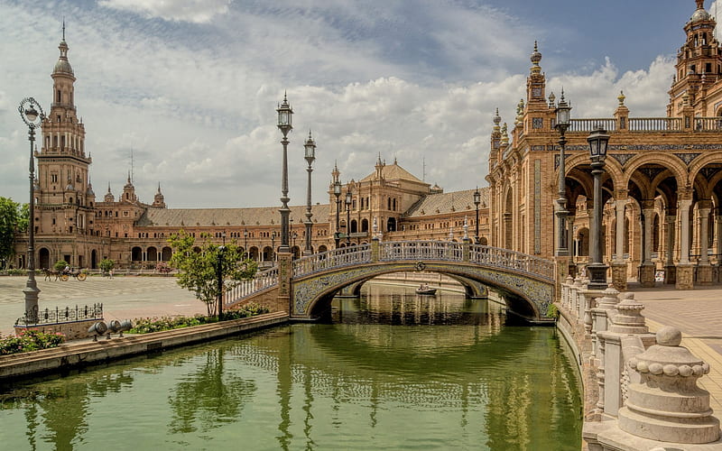 Plaza of Spain, Seville, bridge, city ensemble, sightseeing, Spain, Neo-Renaissance, Neo-Mauritanian style, cityscape, HD wallpaper