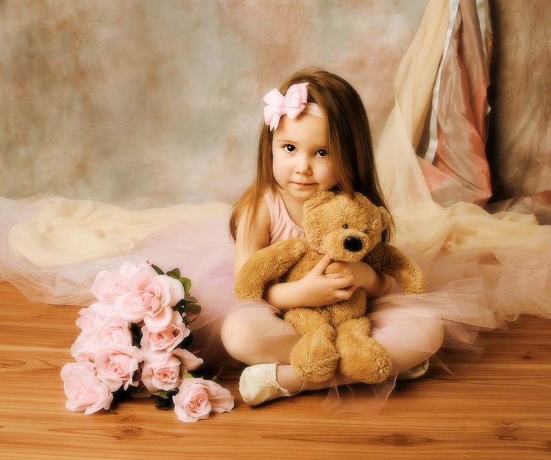 Little girl, ballerina, dress, me, friend, rose, teddy, bear, bonito, woman, small, sweet, graphy, nice, young, people, ballet, best, flowers, beauty, child, pink, art, lovely, ribbon, toy, roses, baby, cute, cool, girl, bouquet, teddy bear, HD wallpaper