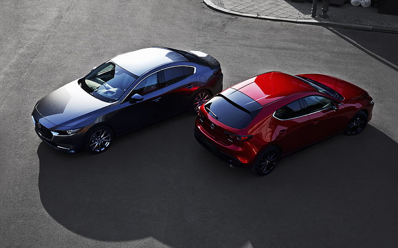 Mazda 3, 2019, gray sedan, red hatchback, new Mazda 3, comparison of sedan and hatchback, Japanese cars, Mazda, HD wallpaper