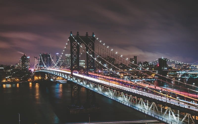 America, New York, bridges, night, USA, nightscape, HD wallpaper