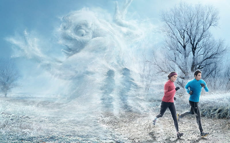 Frozen morning, run, fantasy, people, morning, pink, couple, blue, art, park, mist, winter, situation, comic, fred perrot, ice, funny, frozen, HD wallpaper