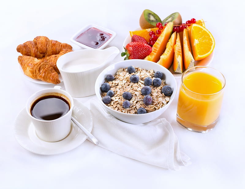 Breakfast, coffee, juice, food, fruits, healthy, milk, HD wallpaper