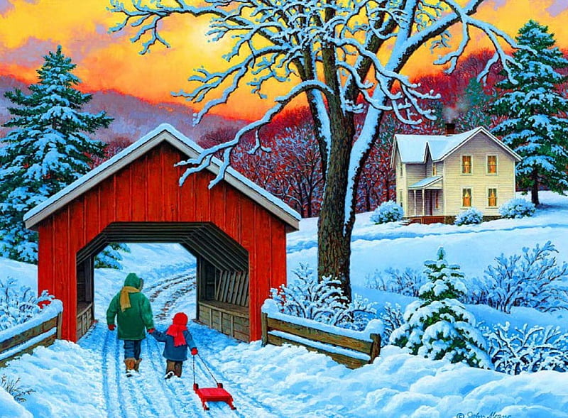 Winter walk, pretty, house, cottage, children, home, covered, bonito, sunset, cold, nice, bridge, painting, village, friends, kids, frost, art, lovely, fun, sky, joy, trees, winter, tree, snow, walk, HD wallpaper