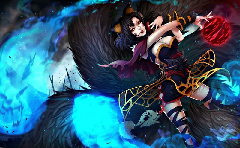 Ahri Red Art Luminos Ears Game Nine Tailed Woman Fantasy Girl Leagie Of Legends Hd