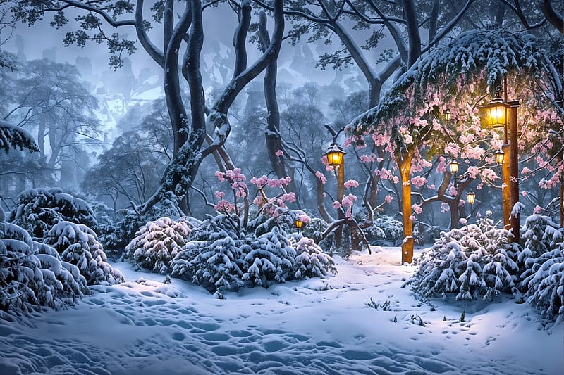 Winter garden, park, covered, winter, lanterns, garden, steps, beautiful, fantasy, snow, trees, flowers, enchanted, romantic, HD wallpaper