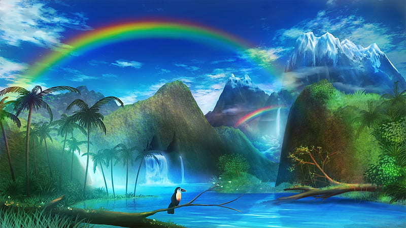 Valley of Paradise, bird, mountains, waterfalls, art, fantasy, rainbow, HD wallpaper