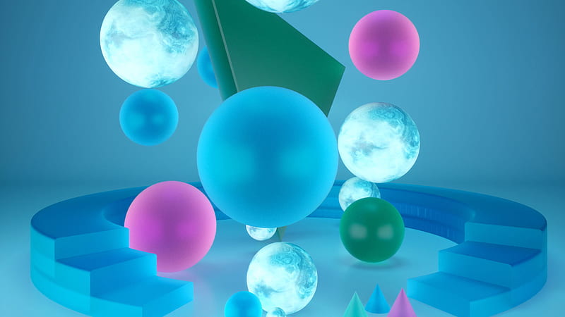 3D Shapes Blue Purple Geometric Balls Abstract, HD wallpaper