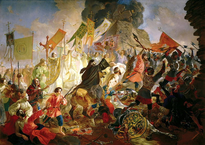 The siege of Pskov by Polish king Stefan Batory, art, people, painting, bryullov karl, pictura, HD wallpaper