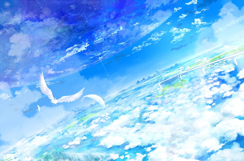 SkyScape, pretty, scenic, cg, bonito, magic, sweet, nice, good, anime, beauty, scenery, realistic, gorgeous, blue, cloud, lovely, spendid, sky, fly, bird, flying, magical, awesome, great, white, scene, HD wallpaper