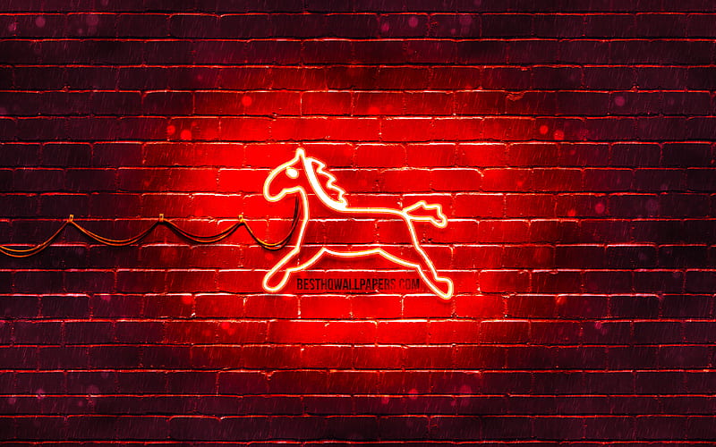 Horse neon sign chinese zodiac, red brickwall, Horse zodiac, animals signs, Chinese calendar, creative, Horse zodiac sign, Chinese Zodiac Signs, Horse, HD wallpaper