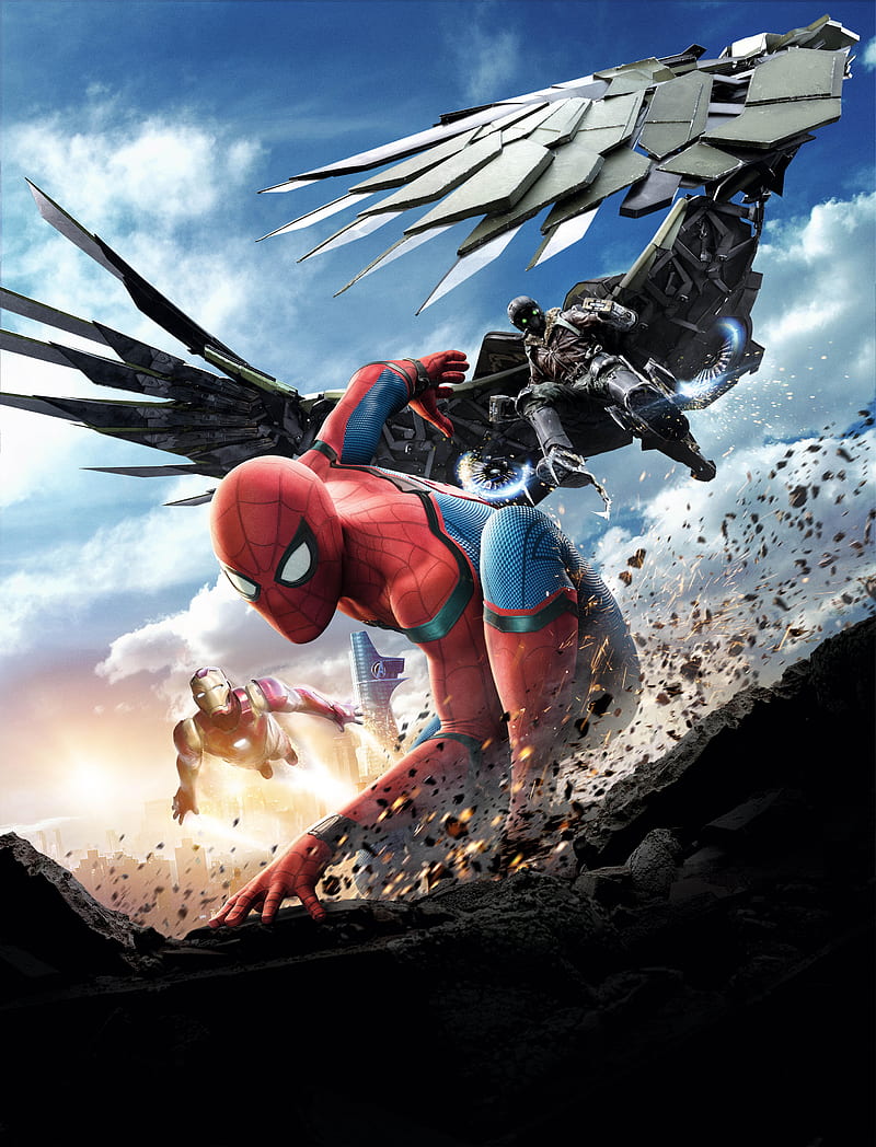 Spider man, avengers homecoming, iron man, marvel, movie, vulture, HD phone wallpaper