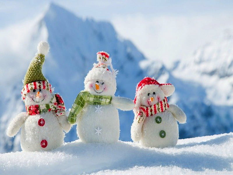Snow family, cute, snowmen, snow, three, smiles, winter, HD wallpaper