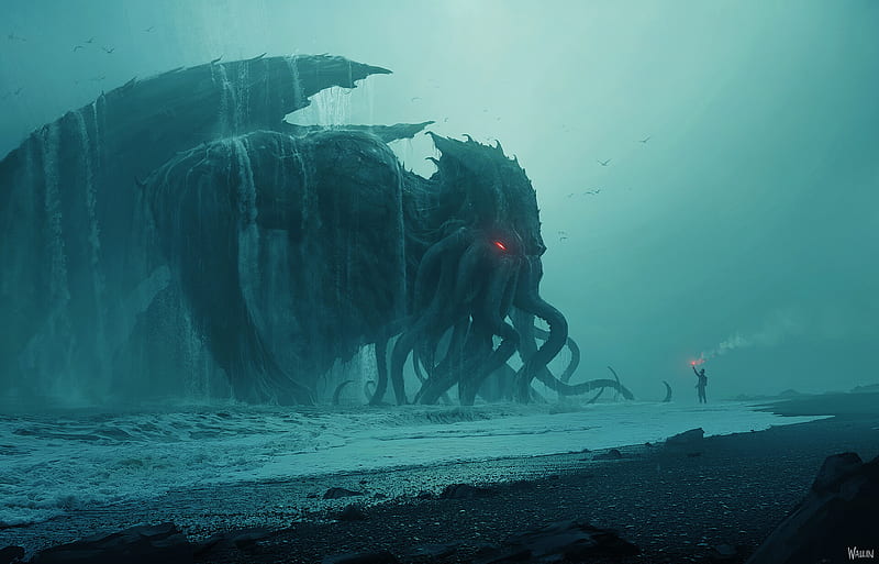 Fantasy, Cthulhu, Sea Monster, Creature, Beach, H.P. Lovecraft, HD wallpaper