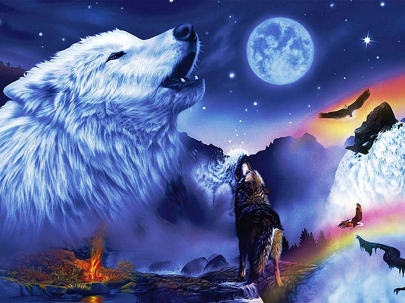 Fantasía de lobo, águilas, estrellas, luna, digitales, lobos, cielo, noche,  obra de arte, Fondo de pantalla HD | Peakpx