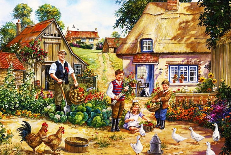 Grandpa's Garden, house, legumes, hens, cottage, children, ducks, flowers, artwork, HD wallpaper