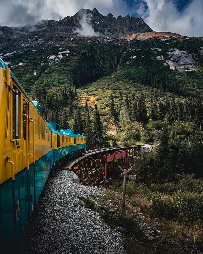 train, mountains, bridge, trees, nature, HD phone wallpaper