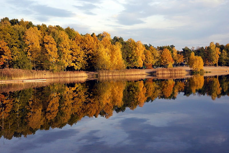 Silver Lake, Poland, fall, autumn, water, colors, season, reflection, trees, HD wallpaper
