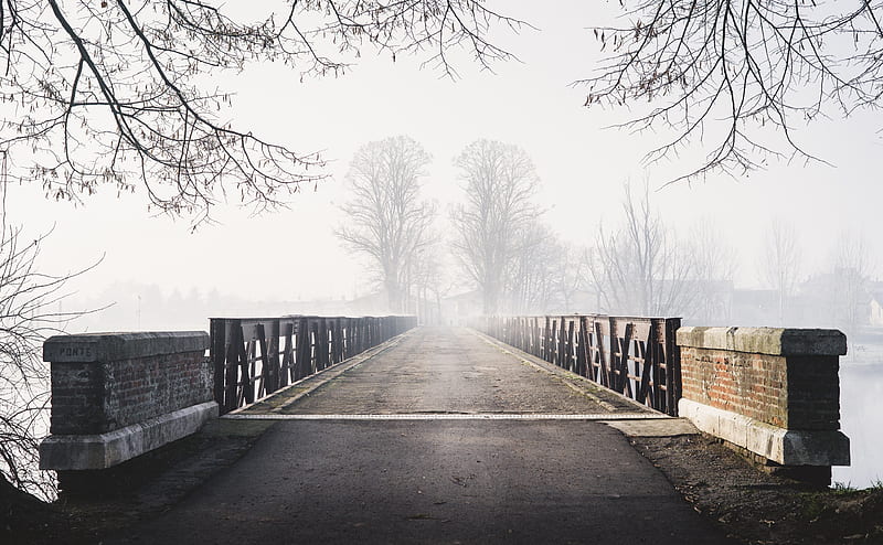 Old Bridge, Mist, Fog, Cold Weather Ultra, Vintage, Winter, Trees, background, Mist, Cold, Foggy, Italy, Bridge, Europe, Nobody, aesthetic, noone, Isola Dovarese, HD wallpaper