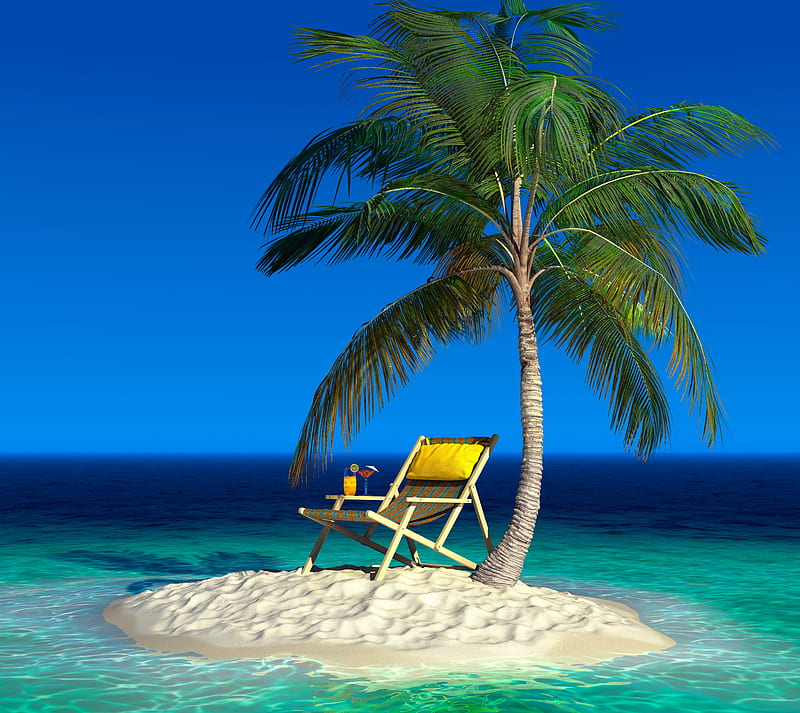 Island, cocktail, palm trees, sand, sea, sun lounger, HD wallpaper