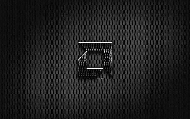 AMD black logo, creative, metal grid background, AMD logo, brands, AMD, HD wallpaper