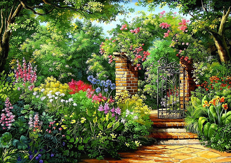 Lovely entrance, colorful, lovely, plant, bonito, entrance, splendor, flower, peaceful, color, garden, way, HD wallpaper