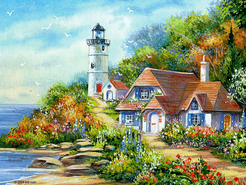 LIGHT HOUSE COTTAGE, stony, traditional, painting, watercolor effect, blossoming beach, shoreline cottage, lighthouse, HD wallpaper